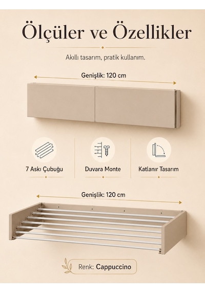 Çamaşır Kurutma Askısı Katlanır Duvara Monte Balkon Banyo Askılık Duvar Tipi Yer Tasarruflu Çamaşırlık 120 Cm Belize Cappucino