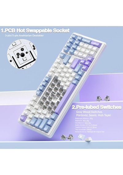 Aula F99 Mekanik Rgb Graywood V4 Switch 3 Modlu Kablosuz Makrolu Hot Swap Türkçe Q Klavye Mavi