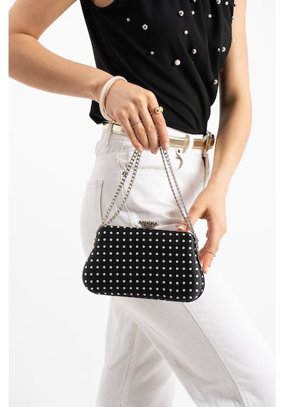 Lebibe Shoes Polkıa Siyah Saten Kumaş Puantiye Desenli Zincir Askılı Klips Kapamalı Clutch Çanta
