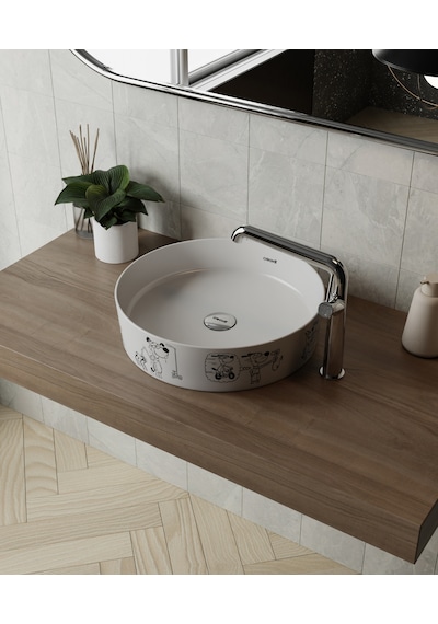 Creavit LP140-00CB00E-KB00 Loop Gen-z Yuvarlak Masa Üstü Çanak Lavabo Ø40 Cm Karikatür Baskı Extra Beyaz Sarı