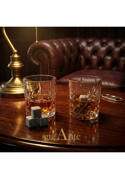 Gigante Deluxe Bohemia Kristal Viski Bardağı Seti, 320 Ml, 2 Bardak Ve 6 Mermer Viski Taşı, Kristal Kesim Desen, Hediye Kutusu Şeffaf