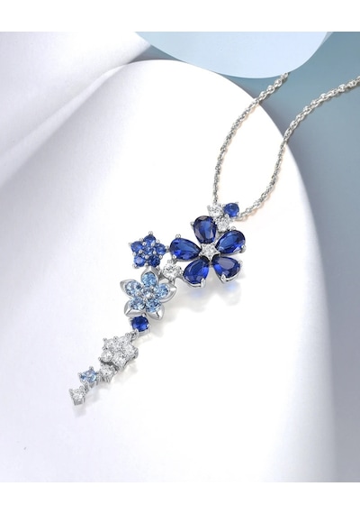 Brezza Lusso Jewelry Safir Taşlı Pırlanta Model Çiçek Demeti Kadın Gümüş Kolye 45 CM 45 CM