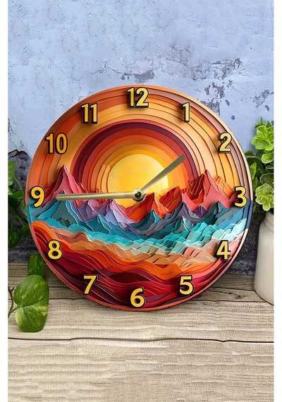 Gün Batımı Dağları - 3d Görünümlü Mdf Duvar Saati 33 Cm Sdw295 Renkli
