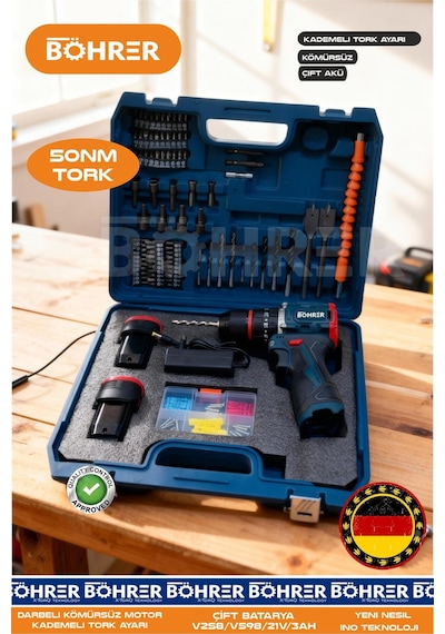 Böhrer Ba011159 Pro Kömürsüz Çift Akülü Rahat Kullanım 21v 3ah Yeni Model Armut Tip Şarjlı Akülü Vidalama Matkap