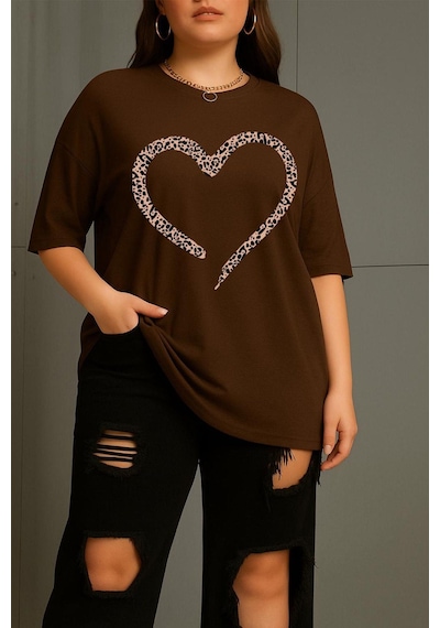 Love Kadın Büyük Beden Battal Baskılı Bisiklet Yaka Pamuklu T-shirt Rahat Kesim Unisex Sevgili Kombini Kahve