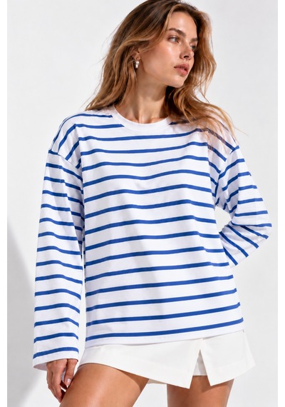 Wild Bee Kadın Saks Mavi Beyaz Çizgili Pamuklu Bisiklet Yaka Oversize Bluz