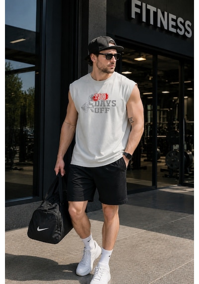 Urbantrendstore Baskılı Unisex Erkek Pamuklu Antrenman Sporcu Atleti Oversize Kolsuz T-shirt Gri
