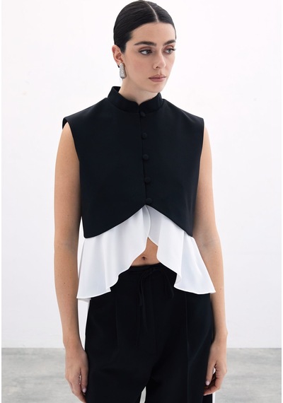 Sateen Kontrast Kısa Ceket - Siyah-135930 Siyah