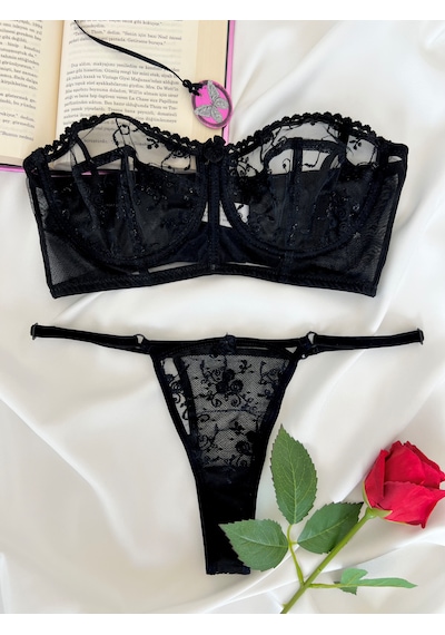 Arinda Candice Siyah Çiçek Desenli Brode İşlemeli Tek Renk Balenli Kapsız Askıları Çıkarılabilir Bralette Sütyen Tanga Alt Üst İç Çamaşırı Takımı 2 Parça Arinda Candice Siyah Çiçek Desenli Brode İşlemeli Tek Renk Balenli Kapsız Askıları Çıkarılabilir Bralette Sütyen Tanga Alt Üst İç Çamaşırı Takımı 2 Parça