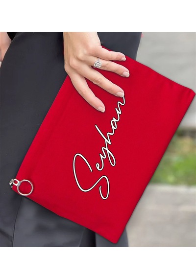 Bk Gift Kişiye Özel İsimli-6 Astarlı Kırmızı Portföy Çanta 30x21cm, Baskılı El Çantası, Organizer Çanta