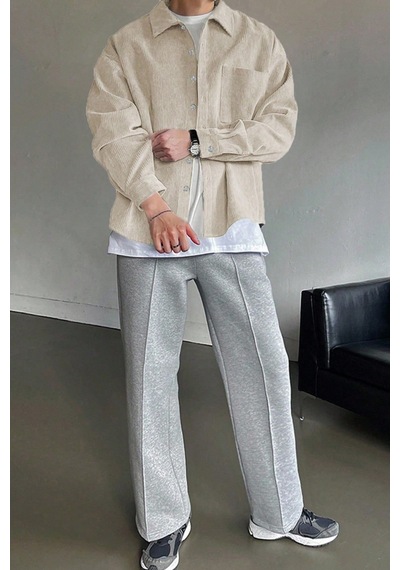 Genius Store Erkek Gömlek Fitilli Kadife Oversize Gömlek Yaka Cepli Uzun Kollu Ceket Gömlek Taş