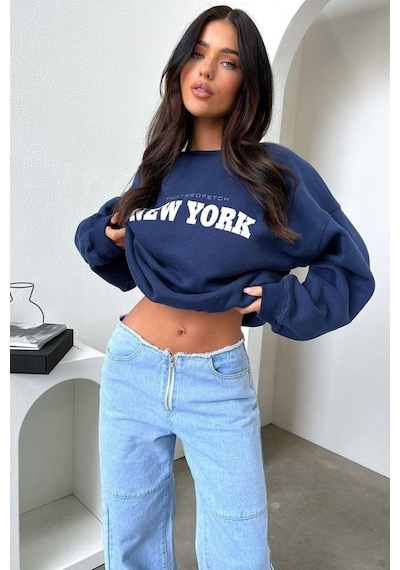 New York Thatsofetch Sweatshirt - Lacivert Baskılı Oversize Bisiklet Yaka Lacivert