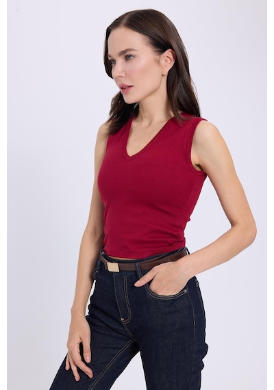 Tudors Kadın Slim Fit Dar Kesim V Yaka Sıfır Kol Pamuklu Ribanalı Bordo Bluz-38839 Bordo Tudors Kadın Slim Fit Dar Kesim V Yaka Sıfır Kol Pamuklu Ribanalı Bordo Bluz-38839 Bordo