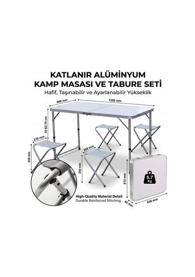 Katlanabilir Alüminyum Kamp Masası Ve 4 Lü Tabure Seti Sarı
