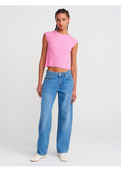 Dilvin 10738 Bisiklet Yaka Fitilli İnce Triko Bluz-koyu Pembe Koyu Pembe