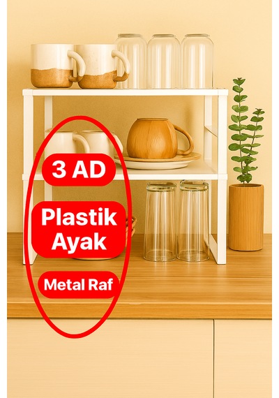Metal Dolap İçi Raf 3 Tane, Bardak, Baharat, Tabak Düzenleyici Organizer, Alan Tasarrufu beyaz