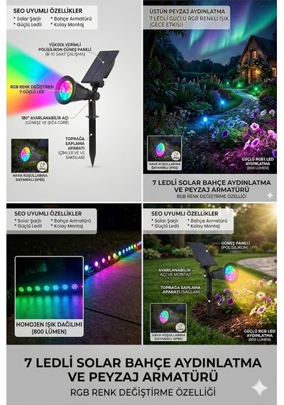 Tr Solar Gunes Enerjili Rgb Renk Degistiren Bahce Armaturu 7 Ledli Renkli Dis Mekan Peyzaj Cim Kazikli