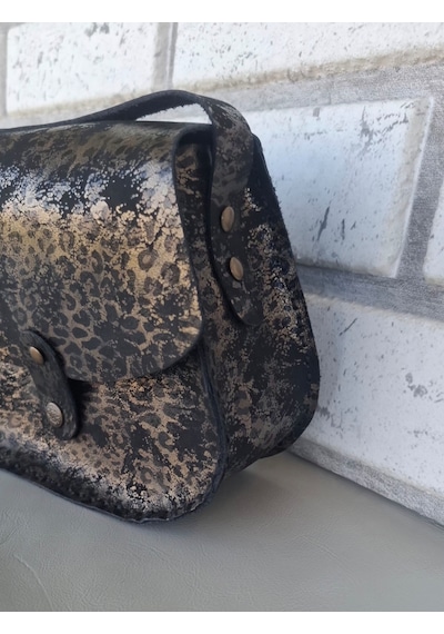 Medorya Design Dore Işıltılı Siyah Leopar Hakiki Deri Mini Çanta Altın - Siyah