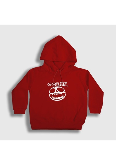 Presmono Unisex Çocuk Logo Gorillaz Kapüşonlu Sweatshirt Kırmızı
