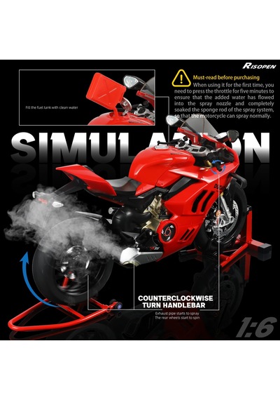 1:6 Diecast Kırmızı Işıklı, Anahtarlı & Su İle Çalışan Dumanlı Model Motorsiklet