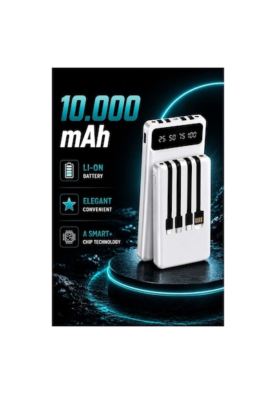 10000 Mah Powerbank Kendinden 4 Kablolu Dijital Ekranlı 4 Çıkışlı Powerbank Koruma Kılıfı li Beyaz