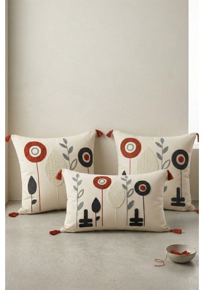Luna Bahçesi Punch Nakışlı 3'lü Dekoratif Kırlent Kılıfı Seti 2 Adet 42x42 Cm + 1 Adet 35x55 Cm Bej