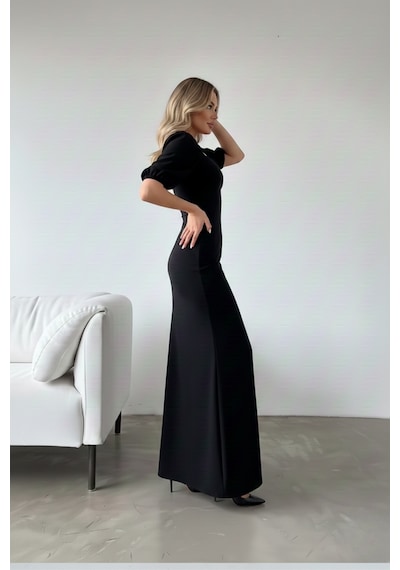 Defymoda Kadın Yırtmaçlı Şık Tasarım Krep Elbise Siyah