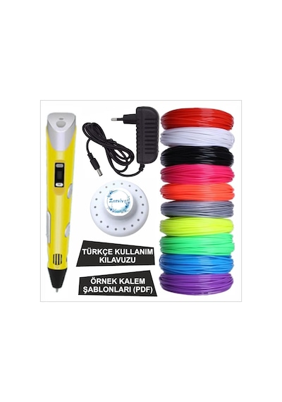 Sarı Renk 3d Kalem + 10 Renk Toplam 100 Metre Pla Filament + Şablon