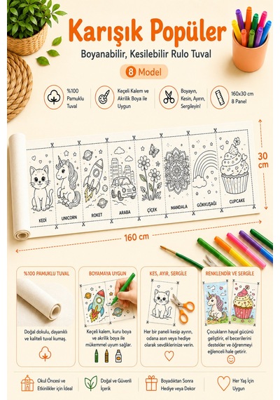 Boyanabilir Kesilebilir Rulo Tuval Karışık Popüler 8 Model Çocuk Boyama Seti 160x30 Cm