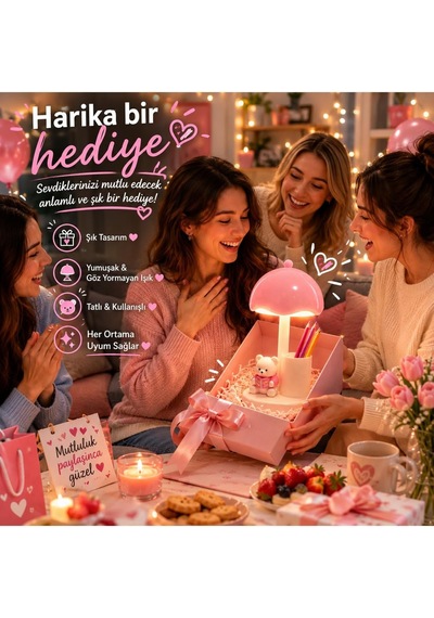 Ayıcıklı Led Masa Lambası Kalemlik Usb Şarjlı 3 Kademeli Ayıcık Kalemlik Telefon Tutucu Altın - Çok Renkli