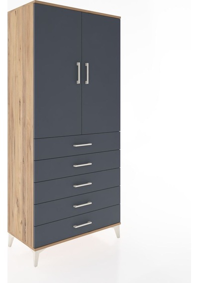 Hyperion Dolap Tek Raflı 5 Çekmeceli Tek Askılı 88x44x195 Çam... Çam