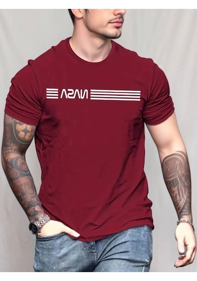 Valensdesign Erkek Kısa Kollu Nasa Baskı Basic Erkek T-shirt Bordo