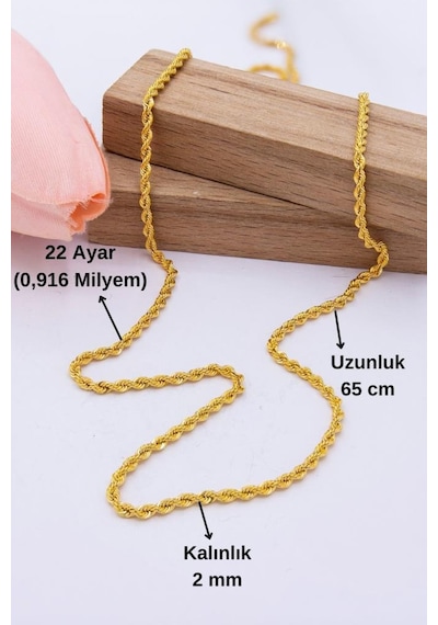 Latif Kuyumculuk 22 Ayar Altın 2 Mm Kalınlık Halat Zincir 65 Cm Uzunluk Kadın Altın Zincir Kolye