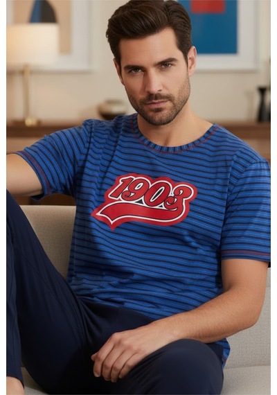 Siyah İnci Bisiklet Yaka Baskılı Örme Pijama Takım 25109829 Lacivert