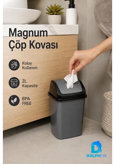 Magnum 2 Litre Sallanır Kapaklı Mini Çöp Kovası Masaüstü Banyo Mutfak Antrasit