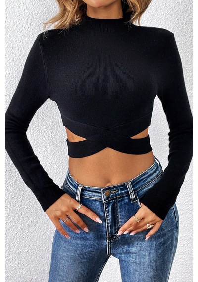 Angbutik Kadın Siyah Çapraz Bel Detaylı Dik Yaka Uzun Kol Crop Top Bluz
