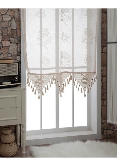 Buldan Tül Perde El İşi Dantelli Naturel Gül Çiçek Desen 150x250