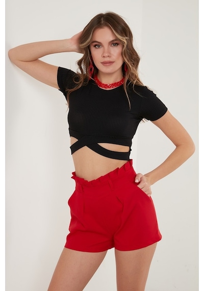 Lela Fitilli Bel Detaylı Kısa Kollu Dar Kesim Crop Bayan Bluz 5864211 Siyah