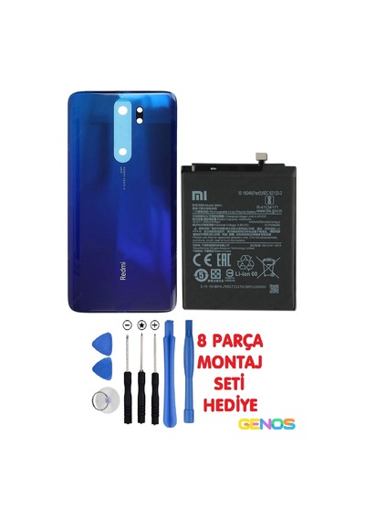 Xiaomi Redmi Note 8 Pro Arka Cam Kapak Batarya Pil Kapağı Mavi + Pil Batarya Bm4j + Montaj Set