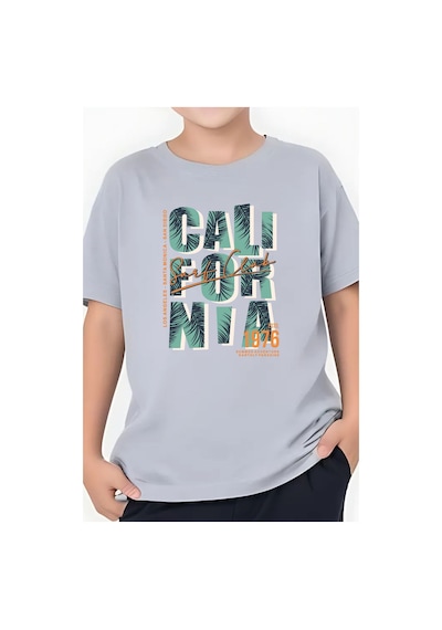 Panios Kids Cali Baskılı Erkek Çocuk Yuvarlak Yaka Kısa Kollu T-shirt Gri