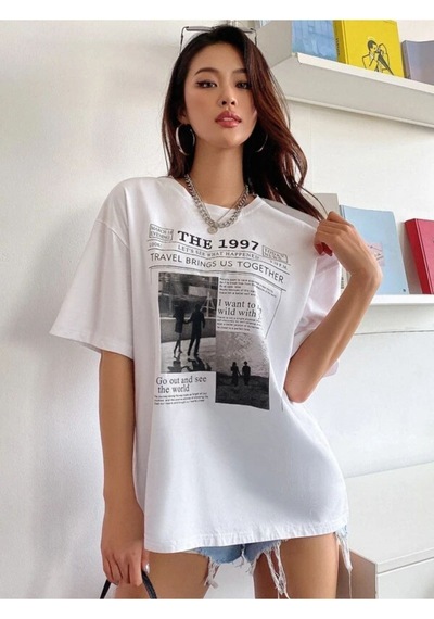 Flood Of Style Kadın Beyaz 1997 Baskılı Bisiklet Yaka Tshirt