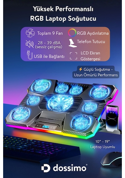 Nitro Rgb Işıklı 9 Fanlı Lcd Göstergeli 2 Usb Girişli Yükselebilen Notebook Soğutucu S24