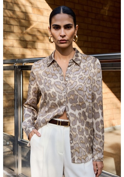 Sateen Leopar Desenli Klasik Gömlek - Bej-137840