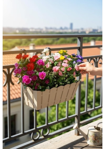 Yapay Çiçek Bej Balkon Saksıda Küpeşte Askılı Açelya Çiçeği Karışık Renkli Çiçek Sepeti 50cm Krem