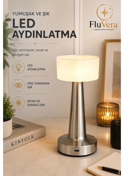 Şarjlı Gümüş Led Masa Lambası Kablosuz Dokunmatik Gece Lambası Usb-c Portatif Metal Gövdeli Gümüş