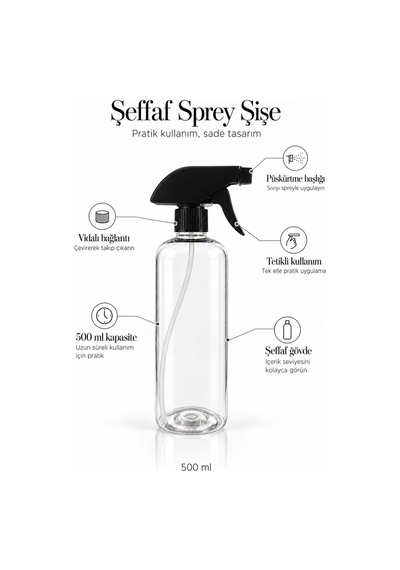 Sprey Başlıklı Şeffaf Doldurulabilir Plastik Şişe 500 Ml