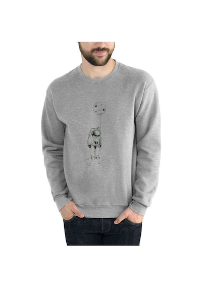 Astronot Balon Ay Baskılı Gri Erkek Örme Sweatshirt