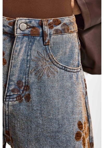 Itsbasic Kadın T.kot Rengi S5-8 Özel Flok Desenli Skater Fit Tasarım Denim Jean Kırmızı