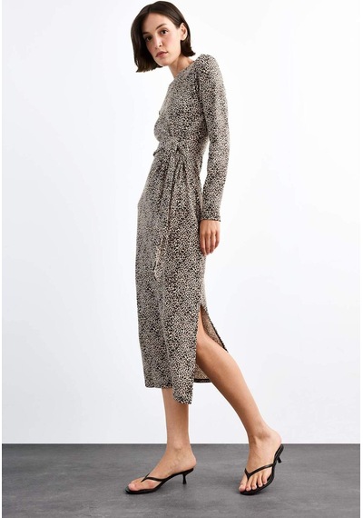 Defacto Leopar Desenli Twill Uzun Kollu Midi Elbise G0737ax25smbk81 Siyah