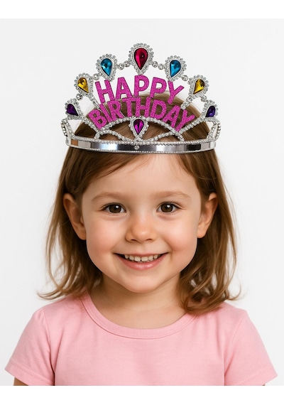 Gümüş - 140 - Renk Happy Birthday Yazılı Doğum Günü Tacı - Edntrend - 60 Cm